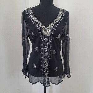 VTG Y2K John Paul Richard Large Silk Bell Sleeve Sequin Embroider Top Whimsigoth